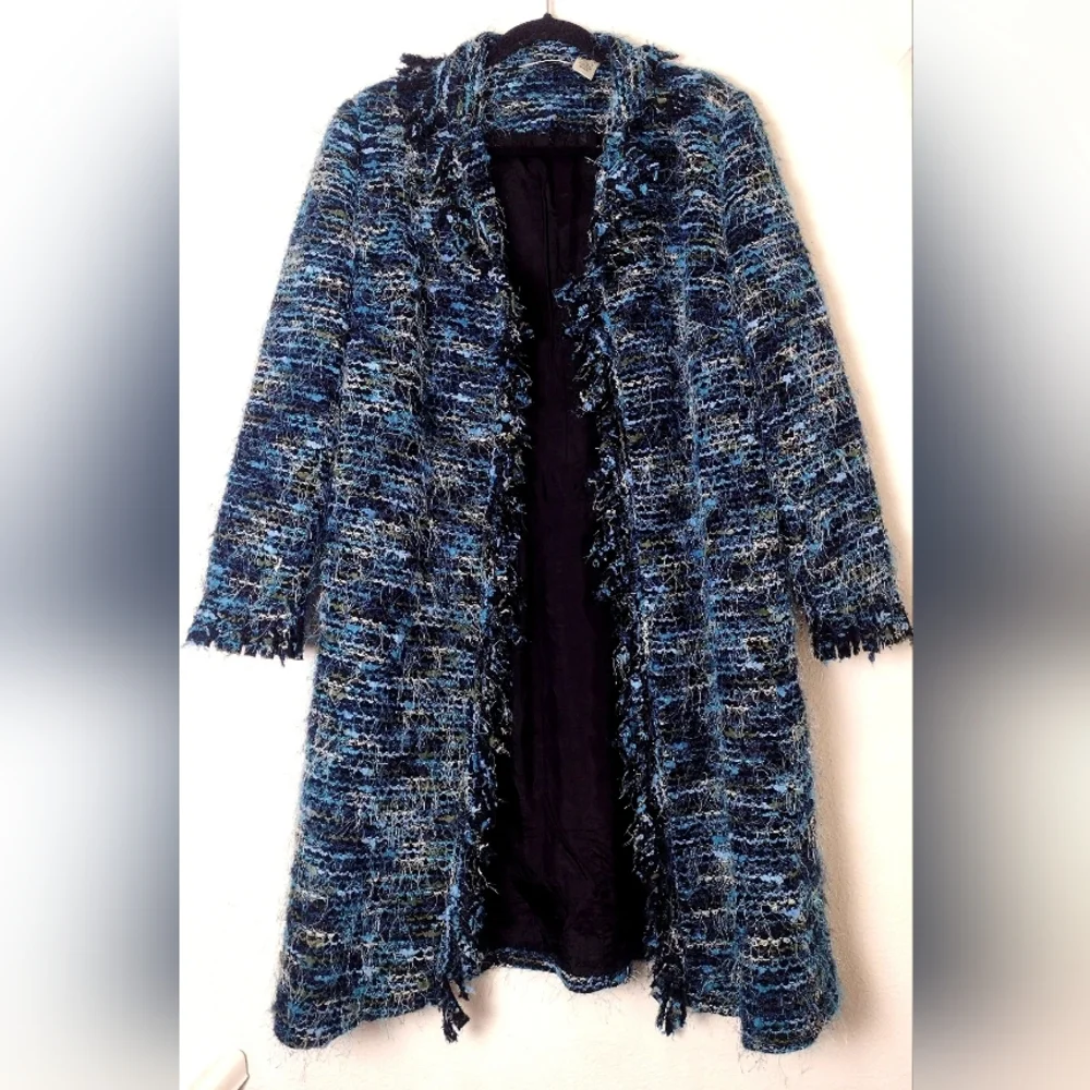 Laura Ashley Y2K Boucle Eyelash Fringe Coat Blue Green Black Stripe Size M